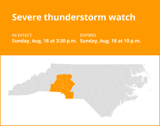 A severe weather warning is in effect for 3 counties in North Carolina until Sunday night