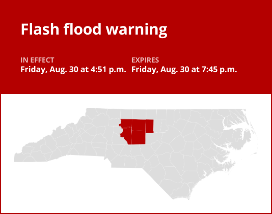 Update: Flash flood warning for central North Carolina Friday evening