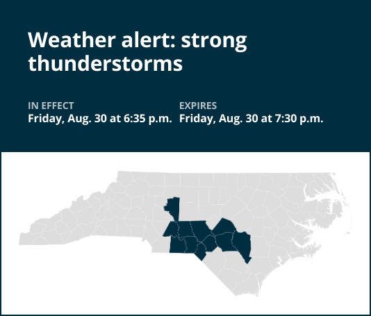 Weather alert for strong thunderstorms in central North Carolina Friday evening