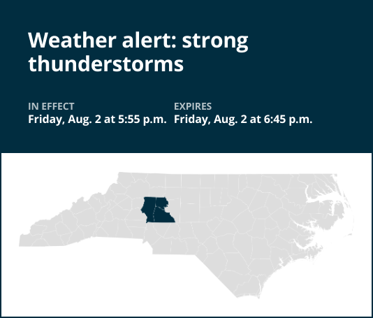 Weather alert for strong thunderstorms in Davie and Rowan counties Friday evening