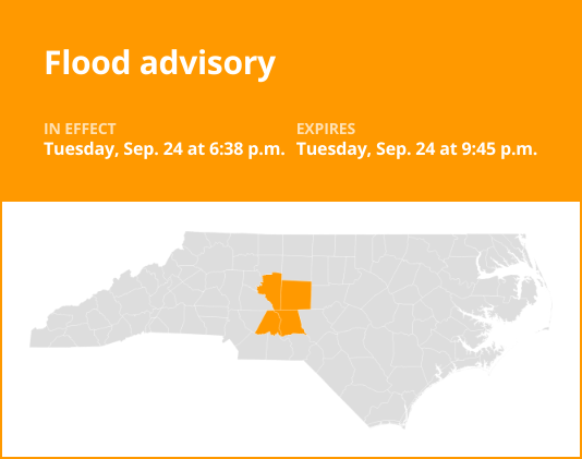 Flood advisory affecting central North Carolina until Tuesday night