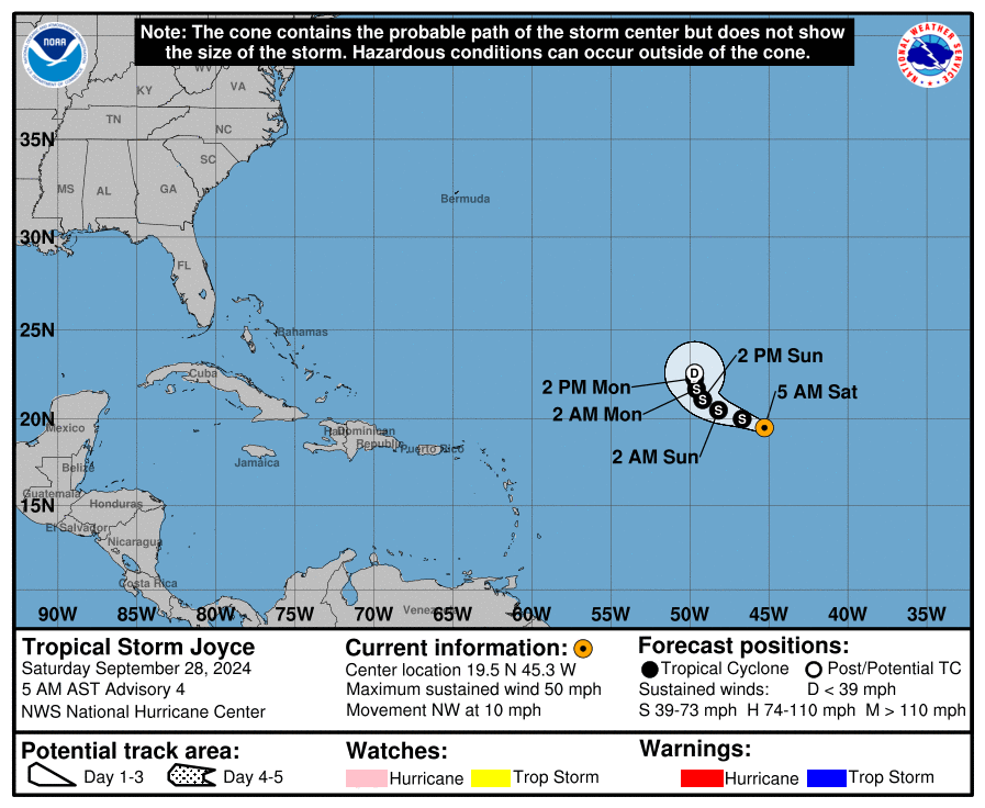 Saturday, Sep 28 update from the National Hurricane Center: Latest on Tropical Storm Joyce