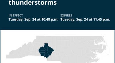 Thunderstorms with penny-sized hail in central North Carolina Tuesday