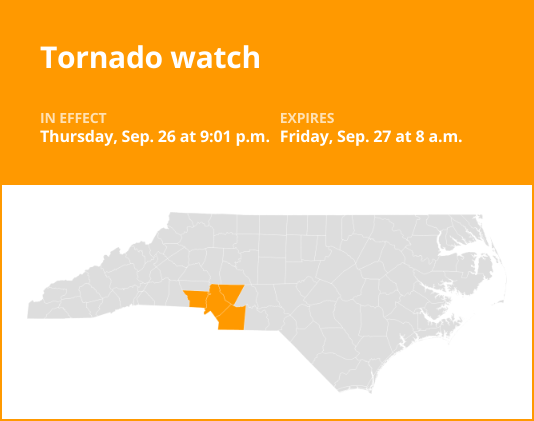 Tornado watch issued for central North Carolina until Friday morning