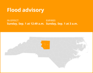 Update: Flood advisory issued for central North Carolina until 3 a.m. Sunday