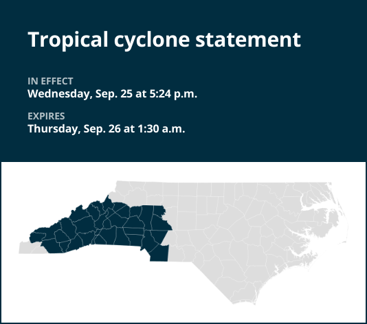 Update: Tropical cyclone statement issued for central North Carolina until 1 a.m. Thursday