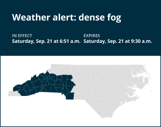 Weather alert for dense fog in central North Carolina Saturday morning