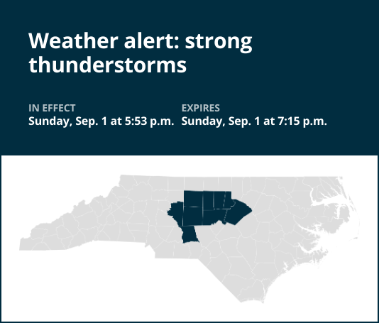 Weather alert for strong thunderstorms in central North Carolina Sunday evening