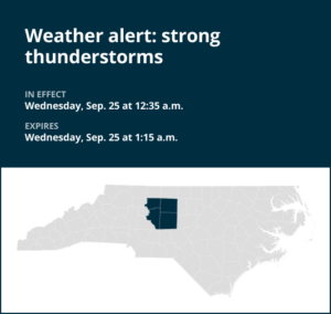 Weather alert for strong thunderstorms in central North Carolina until 1 a.m. Wednesday