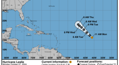 Category 1 Hurricane Leslie: Monday, Oct 7 update from the National Hurricane Center on latest developments