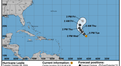 Category 1 Hurricane Leslie: Tuesday, Oct 8 update from the National Hurricane Center on latest developments