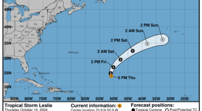 Latest update from the National Hurricane Center on Tropical Storm Leslie for Thursday, Oct 10