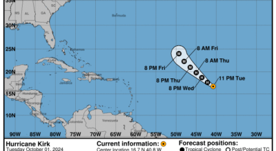 Latest update from the NHC on Category 1 Hurricane Kirk for Tuesday, Oct 1