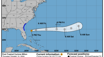 Latest update from the NHC on Post Tropical Cyclone Milton for Thursday, Oct 10