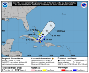 Monday, Oct 21 update from the NHC: Latest on Tropical Storm Oscar