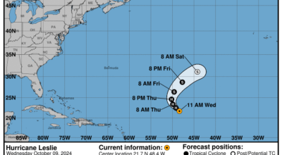 Progress report on Category 1 Hurricane Leslie: Wednesday, Oct 9 update from the National Hurricane Center