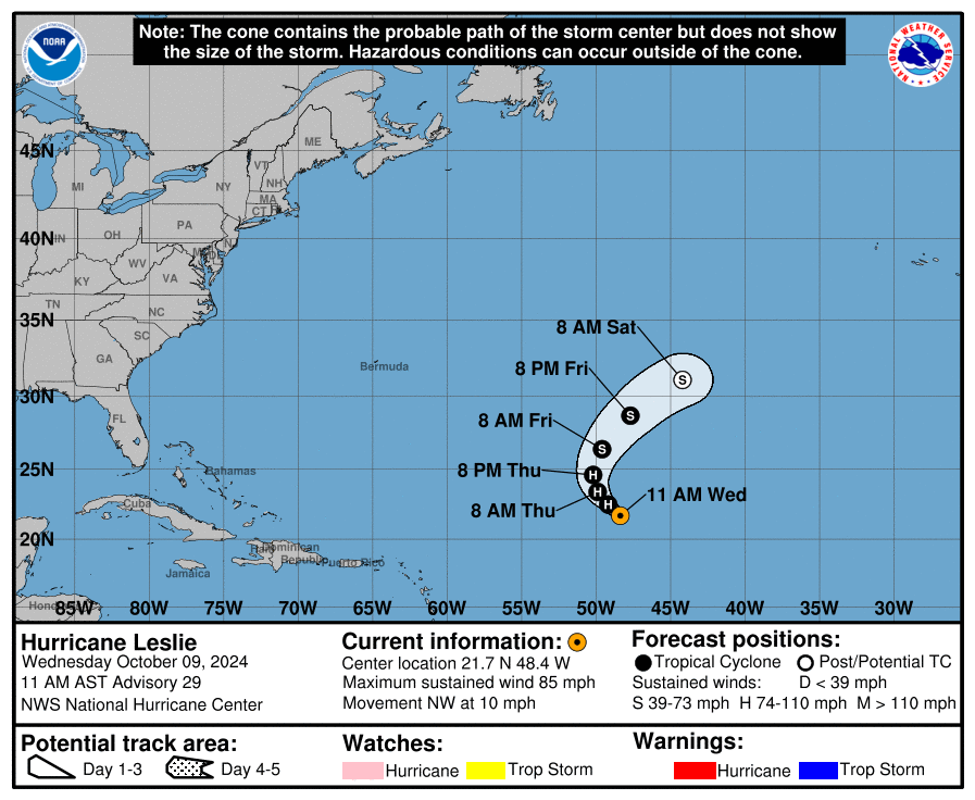 Progress report on Category 1 Hurricane Leslie: Wednesday, Oct 9 update from the National Hurricane Center