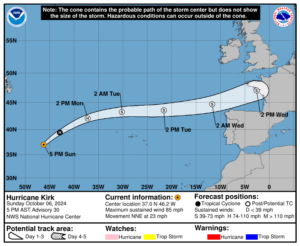 Sunday, Oct 6 update from the National Hurricane Center: Latest on Category 1 Hurricane Kirk