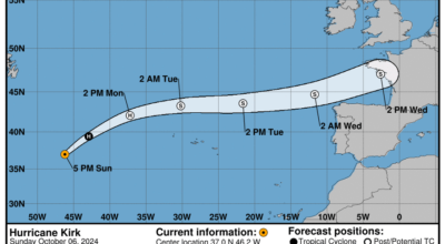 Sunday, Oct 6 update from the National Hurricane Center: Latest on Category 1 Hurricane Kirk