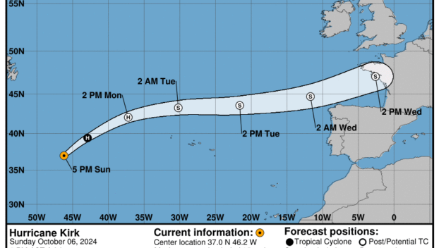 Sunday, Oct 6 update from the National Hurricane Center: Latest on Category 1 Hurricane Kirk