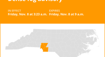 Central North Carolina under a dense fog advisory until Friday morning