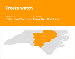 Central North Carolina under a freeze watch Friday