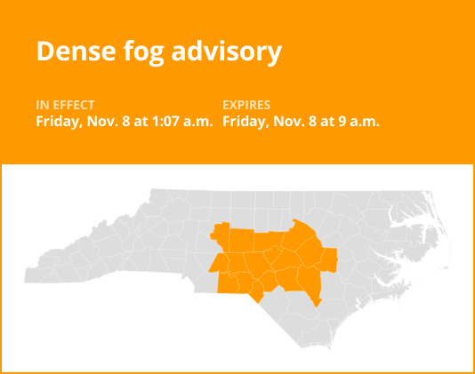 Dense fog advisory issued for central North Carolina until Friday morning