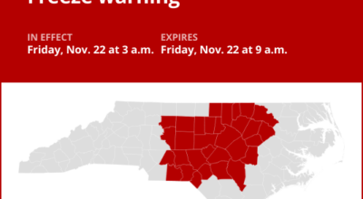 Freeze warning issued for central North Carolina for Friday