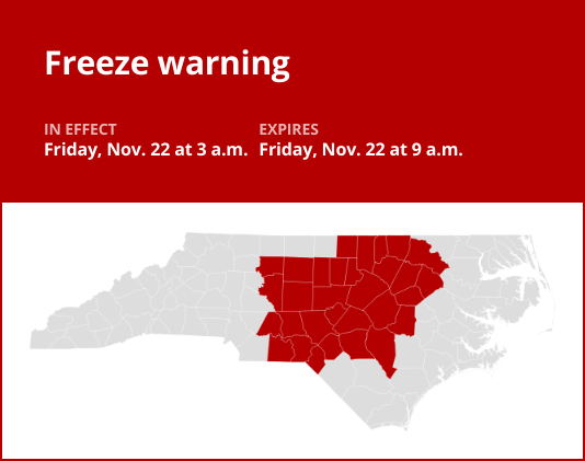 Freeze warning issued for central North Carolina for Friday