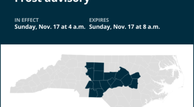 Frost advisory affecting central North Carolina Sunday