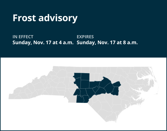 Frost advisory affecting central North Carolina Sunday