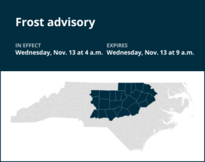 Frost advisory affecting central North Carolina Wednesday