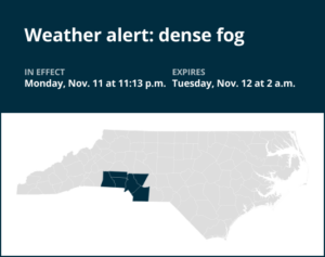 Prepare for dense fog in central North Carolina until 2 a.m. Tuesday