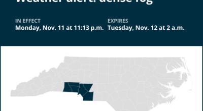 Prepare for dense fog in central North Carolina until 2 a.m. Tuesday