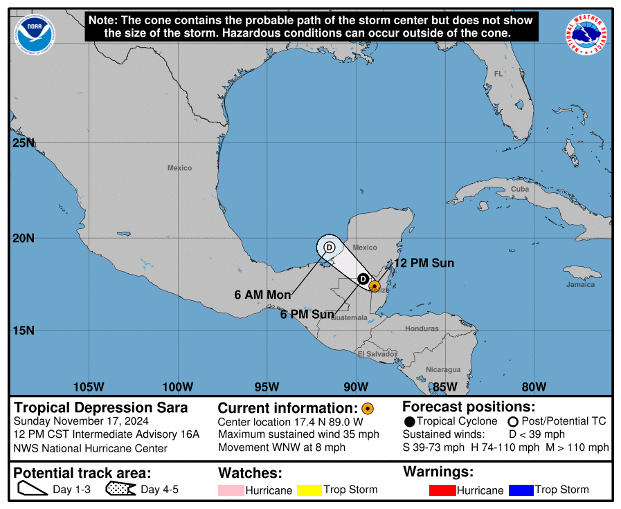 Progress report on Tropical Depression Sara: Sunday, Nov 17 update from the NHC