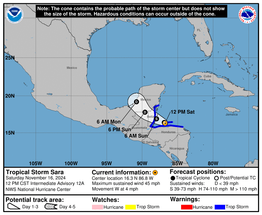 Saturday, Nov 16 update from the National Hurricane Center: Latest on Tropical Storm Sara