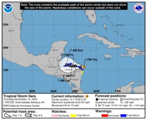 Tropical Storm Sara: Thursday, Nov 14 update from the NHC on latest developments