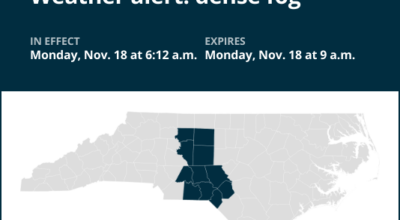 Weather alert issued for dense fog in central North Carolina Monday morning