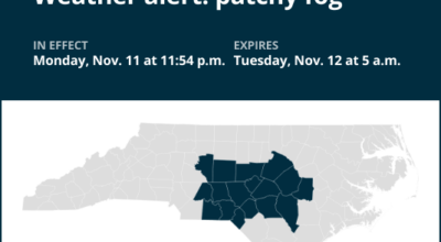 Weather alert issued for patchy fog in central North Carolina until early Tuesday morning