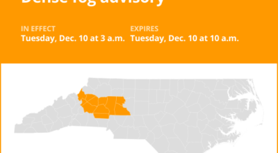 Dense fog advisory affecting central North Carolina until Tuesday morning