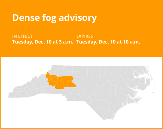 Dense fog advisory affecting central North Carolina until Tuesday morning