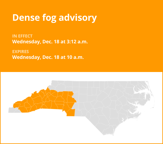 Dense fog advisory for central North Carolina until Wednesday morning