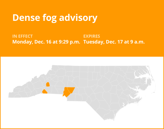 Dense fog advisory issued for central North Carolina until Tuesday morning