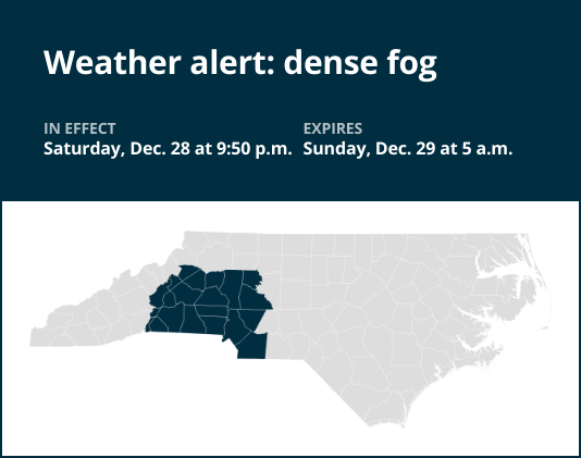 Prepare for dense fog in central North Carolina until early Sunday morning