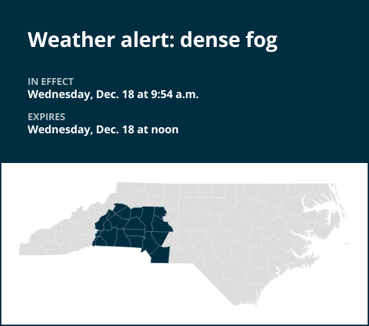 Update: Be ready for dense fog in central North Carolina until Wednesday midday