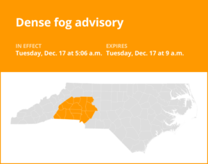 Update: Dense fog advisory issued for central North Carolina until Tuesday morning