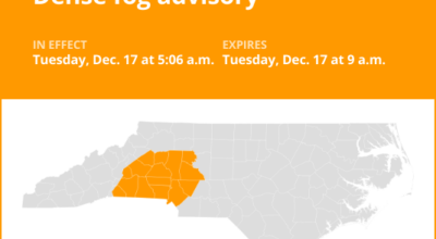 Update: Dense fog advisory issued for central North Carolina until Tuesday morning