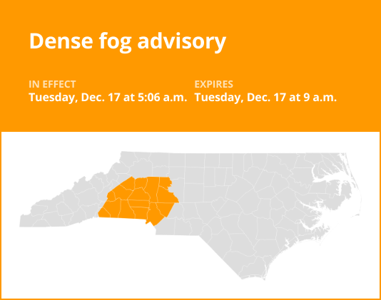 Update: Dense fog advisory issued for central North Carolina until Tuesday morning