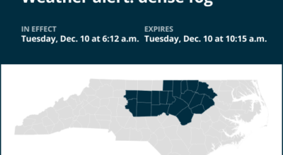 Weather alert for dense fog in central North Carolina until Tuesday morning