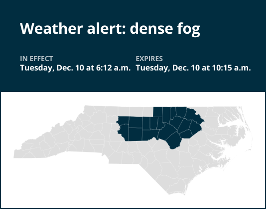 Weather alert for dense fog in central North Carolina until Tuesday morning